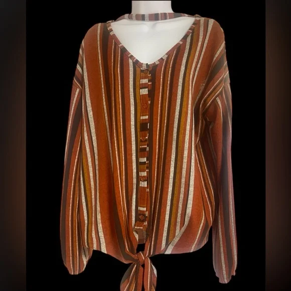🎉HP🎉Striped V-Neck Blouse in Orange and Brown size Large🎉HP🎉 - Picture 1 of 4